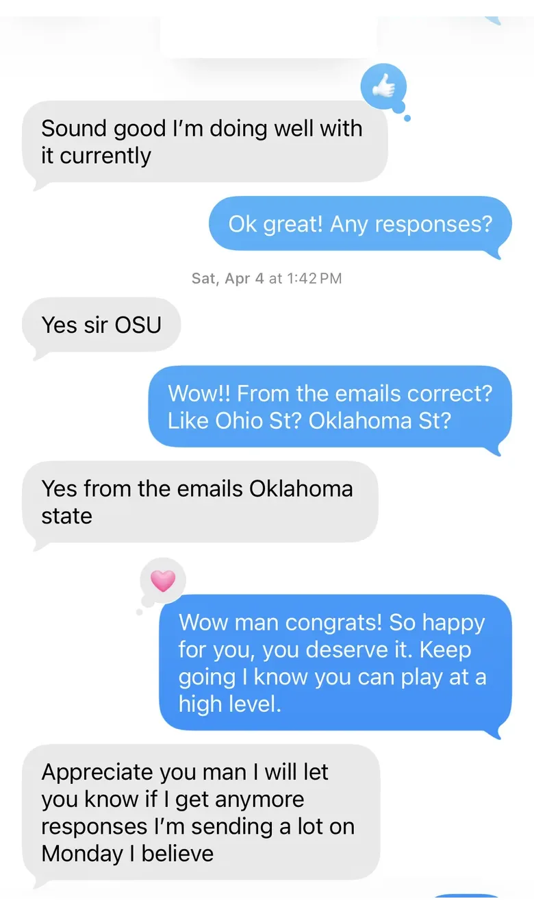 Text conversation: athlete reports Oklahoma State reached out through the emails