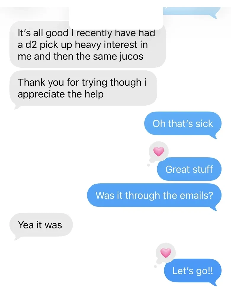 Text conversation: D2 and JuCo programs showing heavy interest